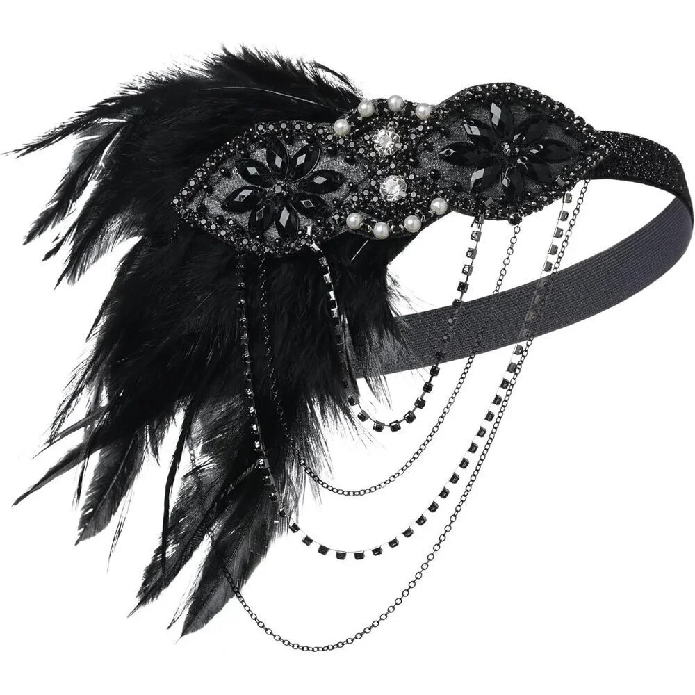 1920s Flapper Accessories Vintage Costume Party Set Feathers Pearl Gloves